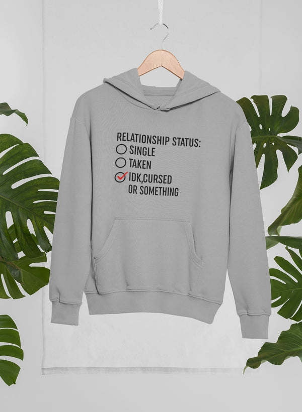 Athletic heather hoodie with front pocket and “Relationship Status” text graphic