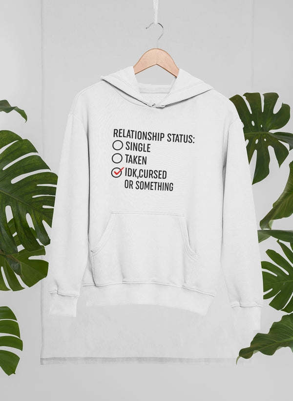 White hoodie with front pocket and “Relationship Status” text graphic