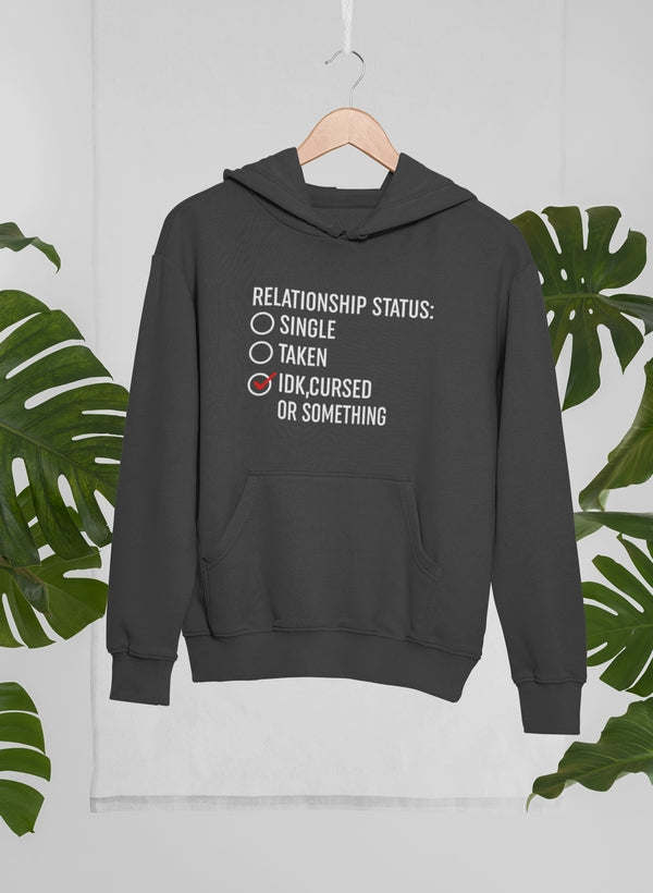 Black hoodie with front pocket and “Relationship Status” text graphic