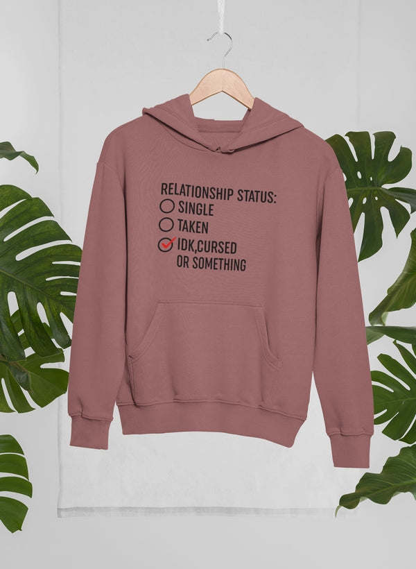 Mauve pullover hoodie with front 'Relationship status' graphic and kangaroo pocket
