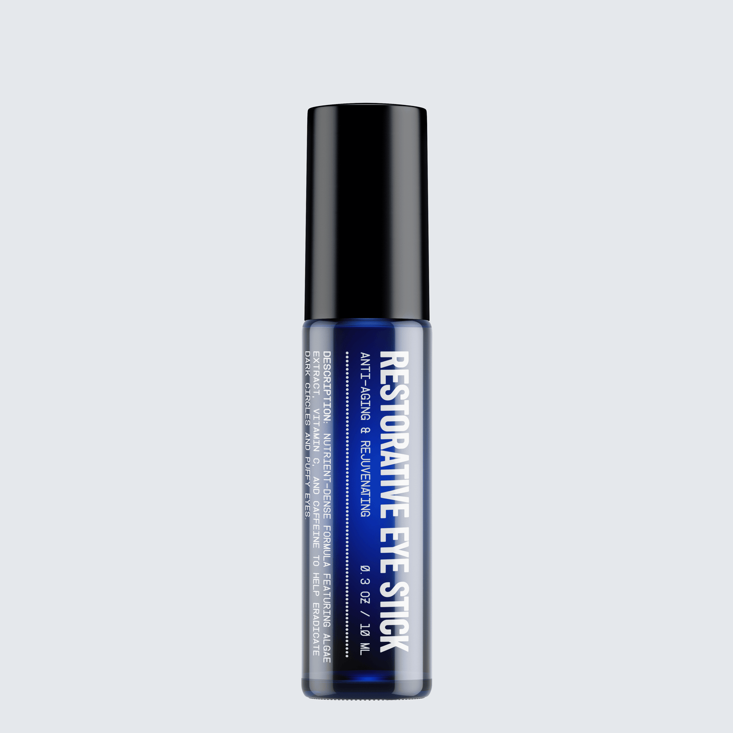 Restorative eye stick, blue cap and clear blue tube with printed label