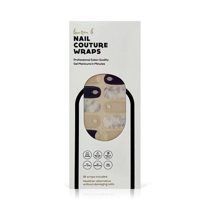 Gel nail wrap set, reverse French navy and nude marble designs on package