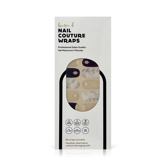 Gel nail wrap set, reverse French navy and nude marble designs on package