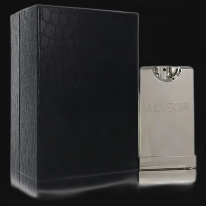 Men's cologne bottle and black box, silver cap and ALYSON label