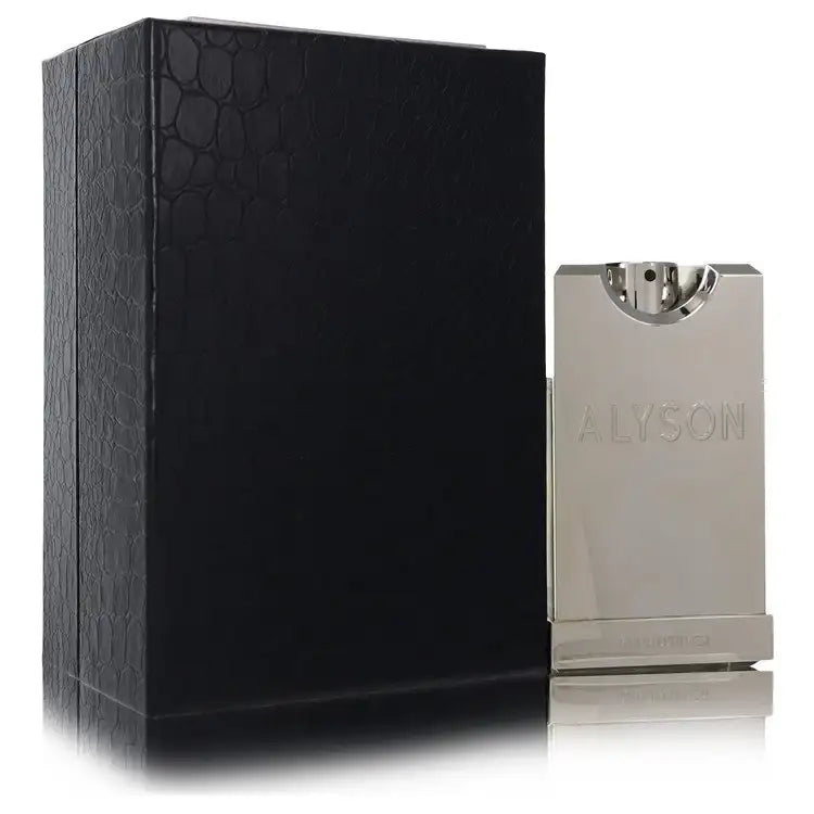 Men's cologne bottle and black box, metallic cap and front ALYSON badge