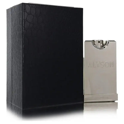 Men's cologne bottle and black box, metallic cap and front ALYSON badge