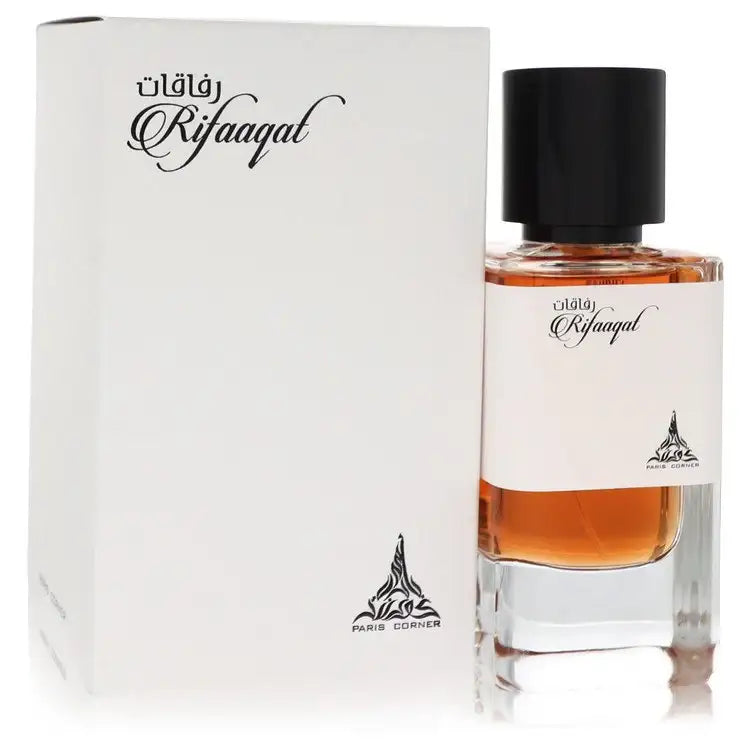 Unisex perfume bottle and box by Paris Corner, amber liquid, black cap