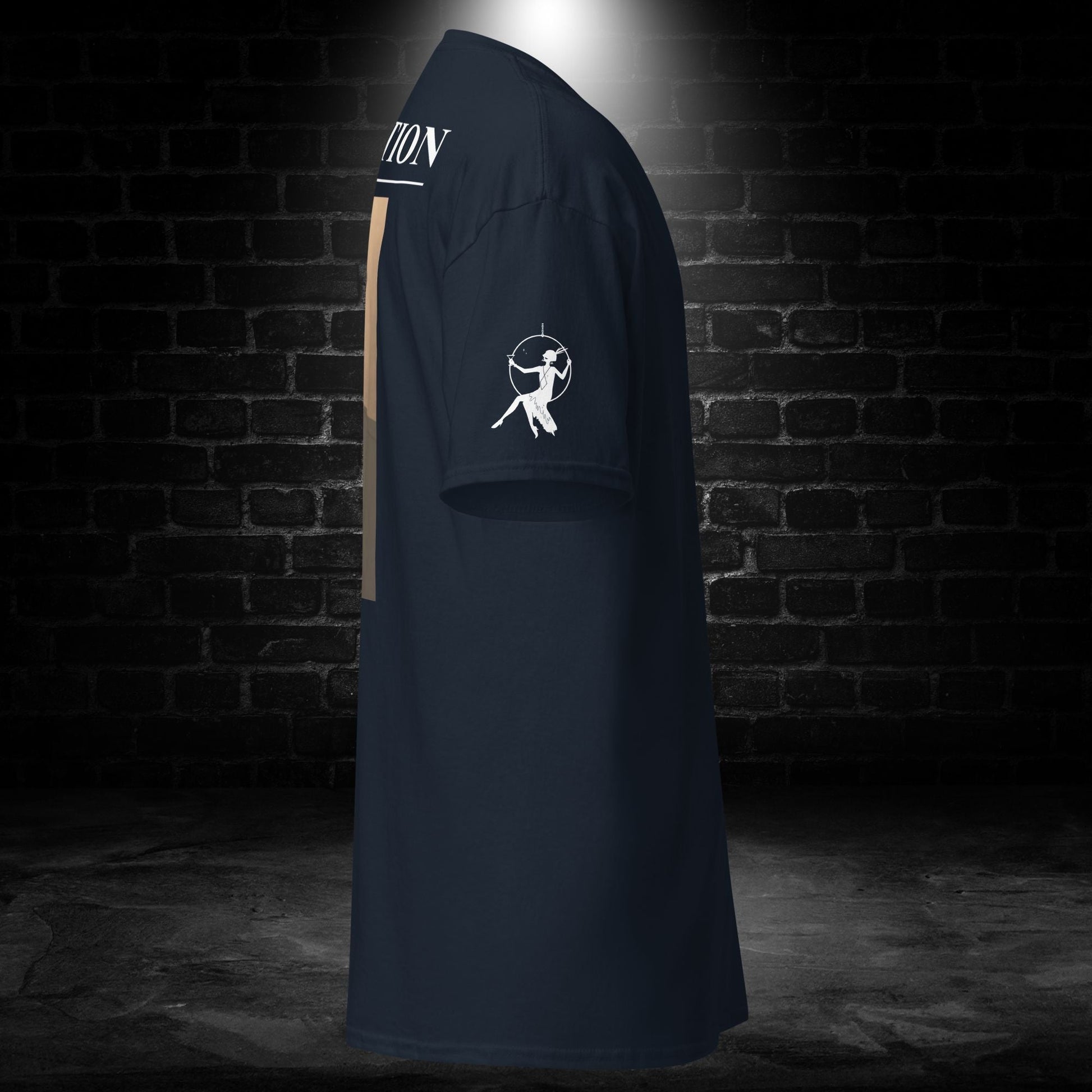 Navy T-shirt with sleeve icon and small back graphic