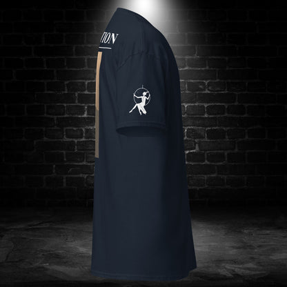 Navy T-shirt with sleeve icon and small back graphic
