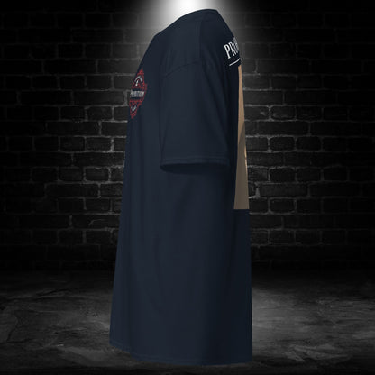 Navy T-shirt with front chest crest and sleeve graphic