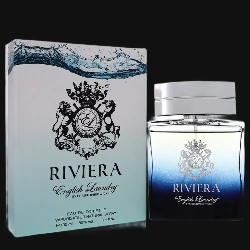 Riviera men's eau de toilette cologne set: bottle with silver cap and boxed label