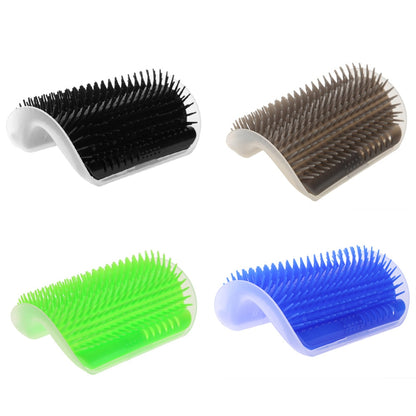 Self-groomer corner brushes in black, tan, green, and blue with white mounting bases.