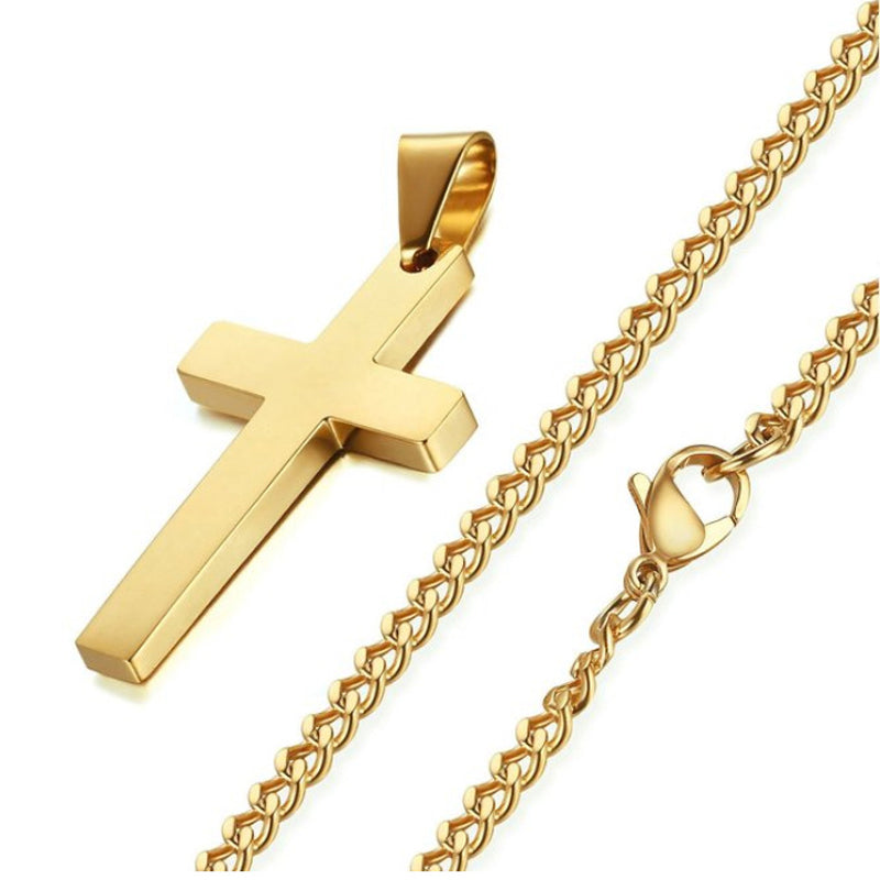 Gold cross necklace with curb link chain and polished cross pendant
