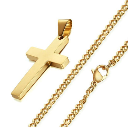 Gold cross necklace with curb link chain and polished cross pendant