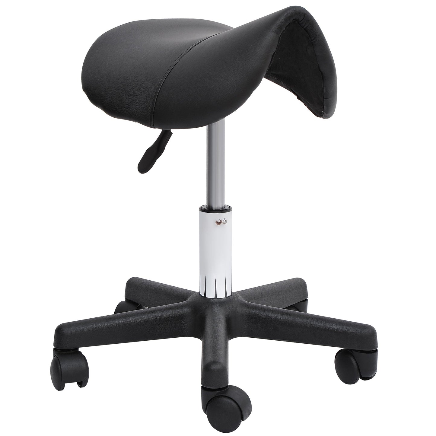 Rolling Saddle Stool, Swivel Salon Chair, Ergonomic Faux Leather Stool, Adjustable Height with Wheels for Spa, Salon, Massage, Office, Black - Renee Lane Company