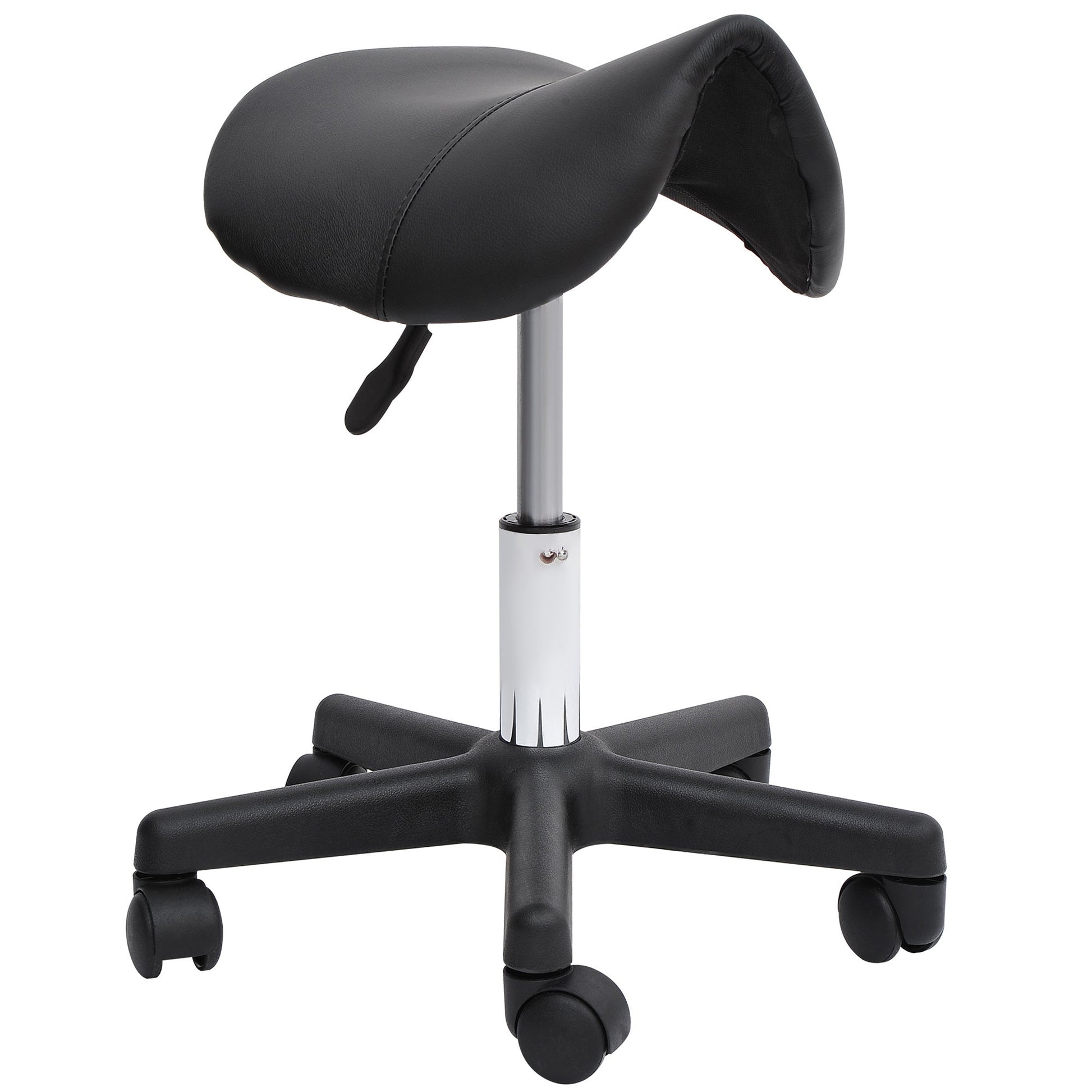 Rolling Saddle Stool, Swivel Salon Chair, Ergonomic Faux Leather Stool, Adjustable Height with Wheels for Spa, Salon, Massage, Office, Black - Renee Lane Company