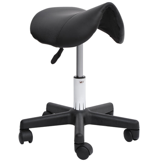 Rolling Saddle Stool, Swivel Salon Chair, Ergonomic Faux Leather Stool, Adjustable Height with Wheels for Spa, Salon, Massage, Office, Black - Renee Lane Company