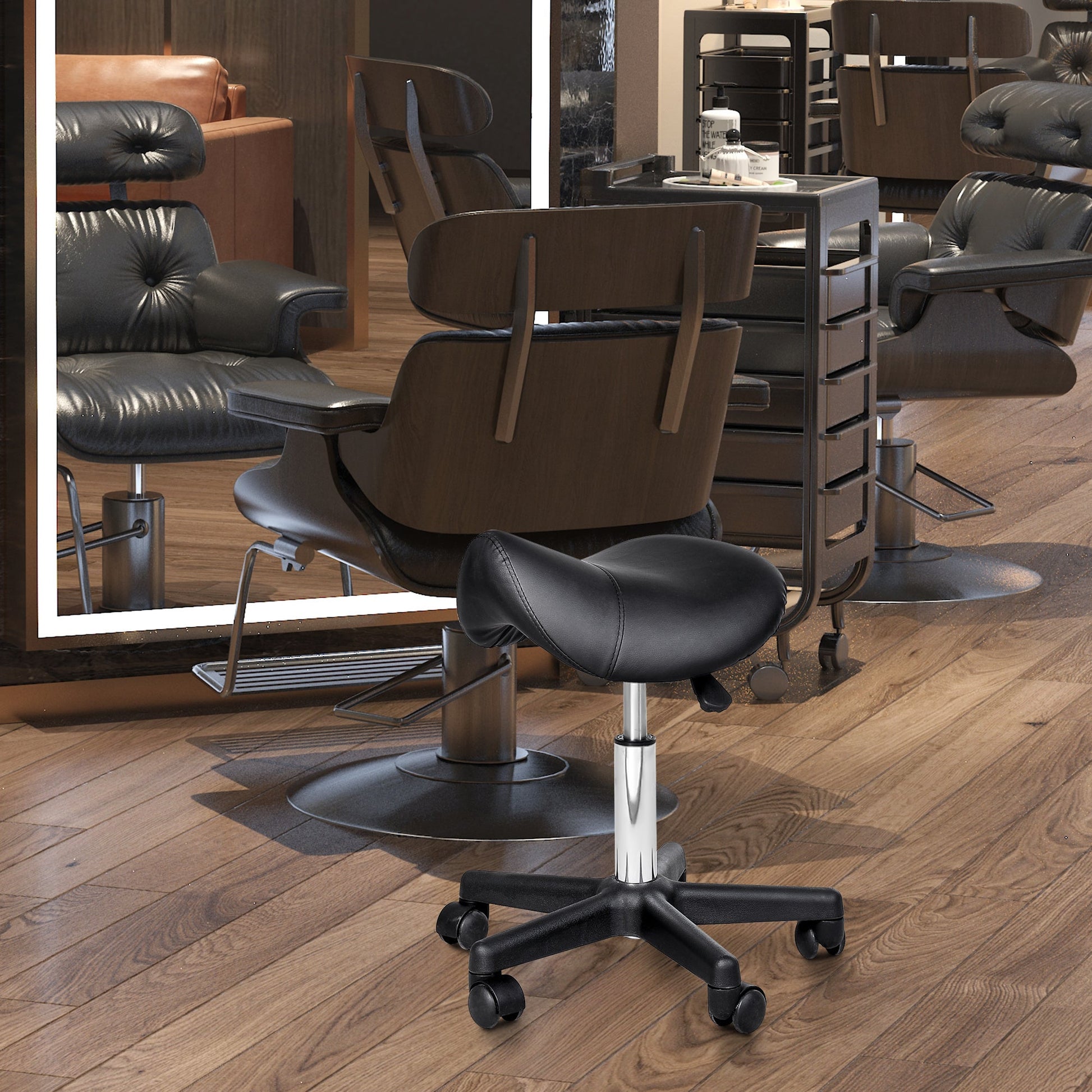Rolling Saddle Stool, Swivel Salon Chair, Ergonomic Faux Leather Stool, Adjustable Height with Wheels for Spa, Salon, Massage, Office, Black - Renee Lane Company
