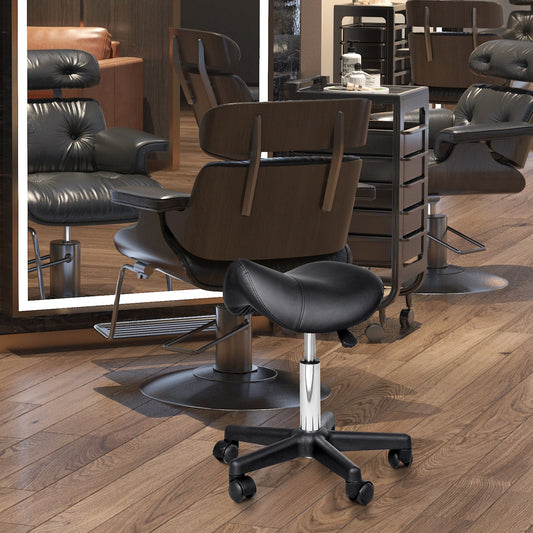 Rolling Saddle Stool, Swivel Salon Chair, Ergonomic Faux Leather Stool, Adjustable Height with Wheels for Spa, Salon, Massage, Office, Black - Renee Lane Company
