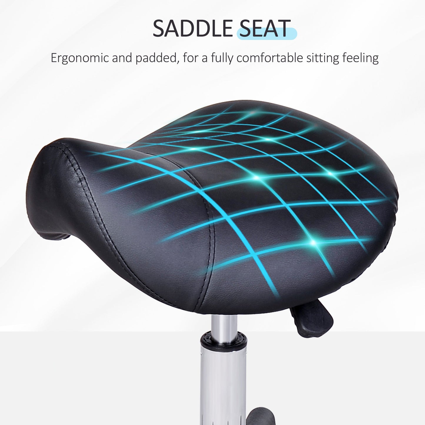 Rolling Saddle Stool, Swivel Salon Chair, Ergonomic Faux Leather Stool, Adjustable Height with Wheels for Spa, Salon, Massage, Office, Black - Renee Lane Company