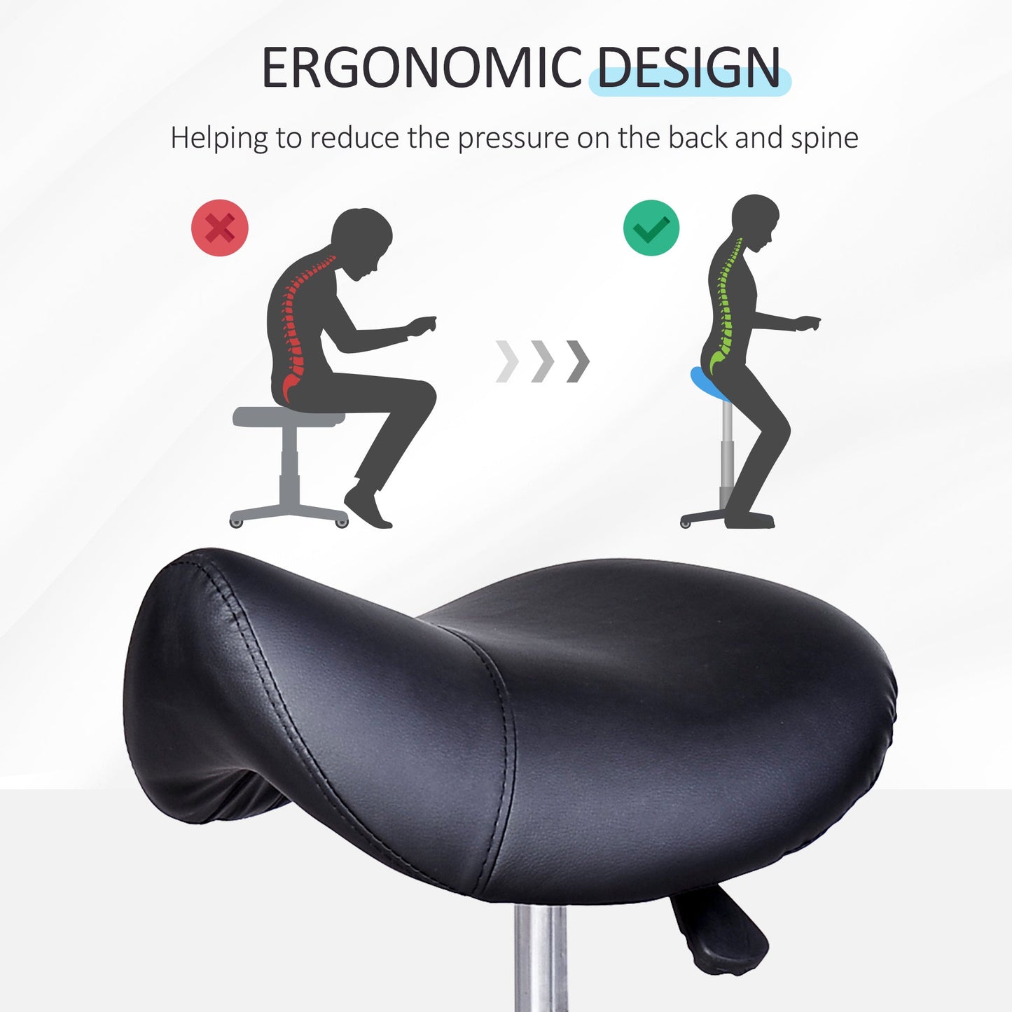 Rolling Saddle Stool, Swivel Salon Chair, Ergonomic Faux Leather Stool, Adjustable Height with Wheels for Spa, Salon, Massage, Office, Black - Renee Lane Company