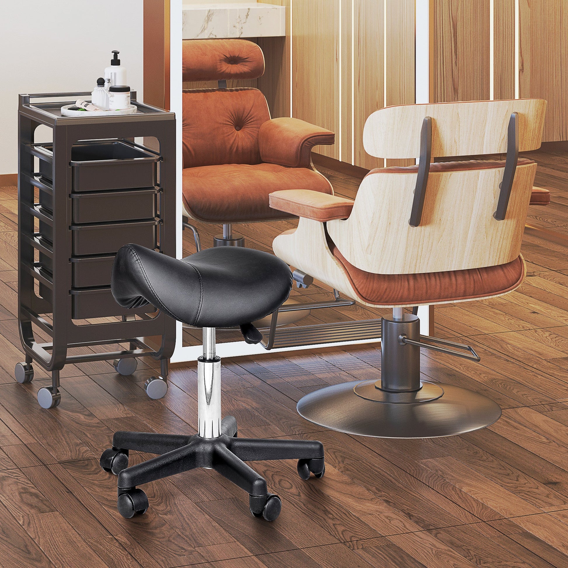 Rolling Saddle Stool, Swivel Salon Chair, Ergonomic Faux Leather Stool, Adjustable Height with Wheels for Spa, Salon, Massage, Office, Black - Renee Lane Company