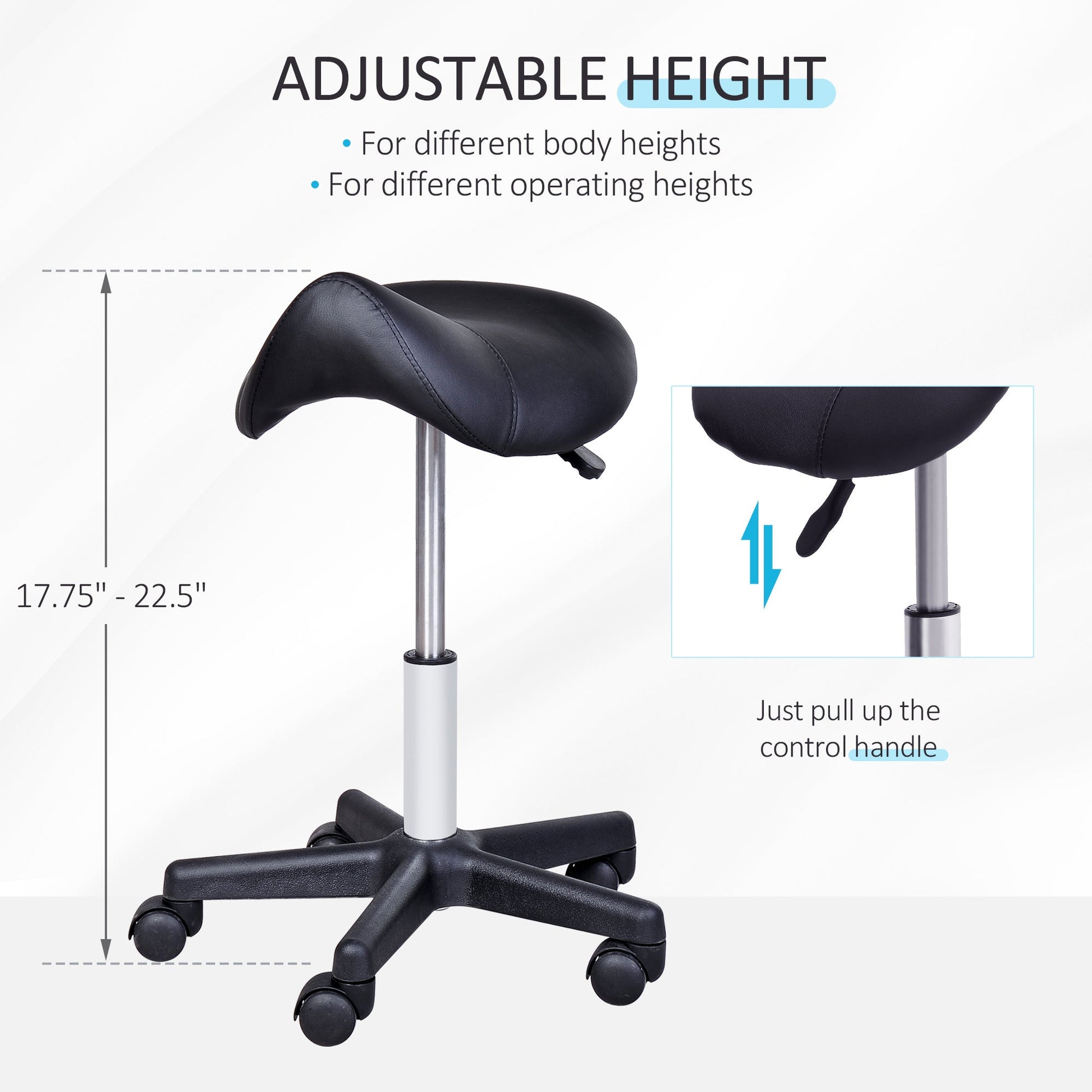 Rolling Saddle Stool, Swivel Salon Chair, Ergonomic Faux Leather Stool, Adjustable Height with Wheels for Spa, Salon, Massage, Office, Black - Renee Lane Company