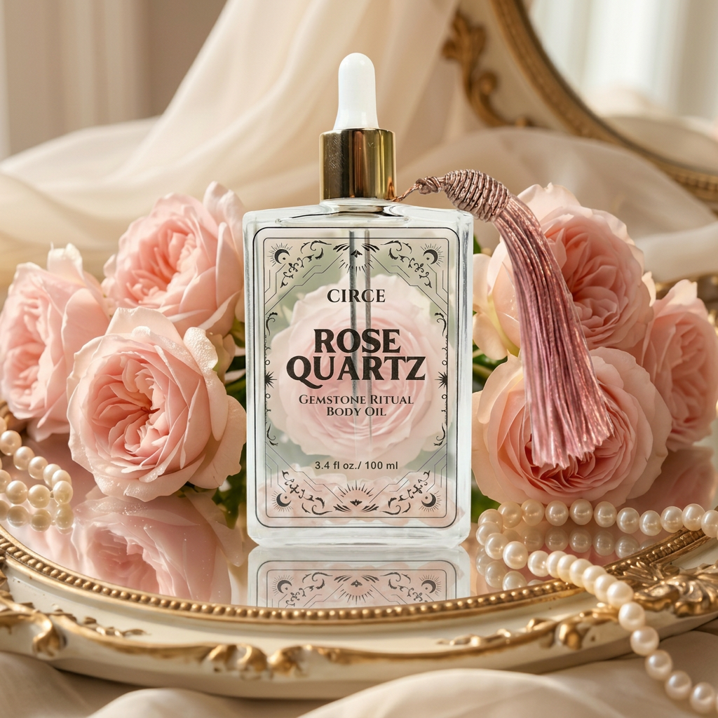 Rose Quartz gemstone body oil bottle with gold collar and pink tassel dropper