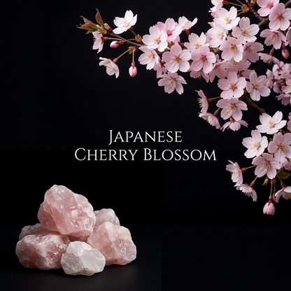 Gemstone body oil themed Japanese cherry blossom with pink flowers and rose quartz