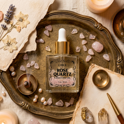 Rose Quartz gemstone body oil bottle on tray with rose quartz crystals and pearls
