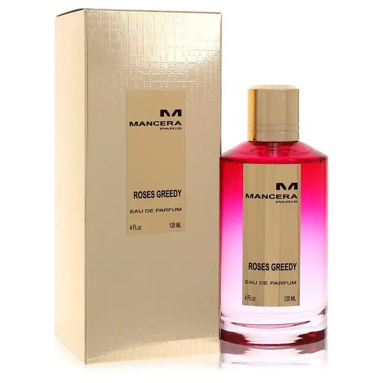 Unisex perfume bottle and box by Mancera, gold cap, pink liquid, full view