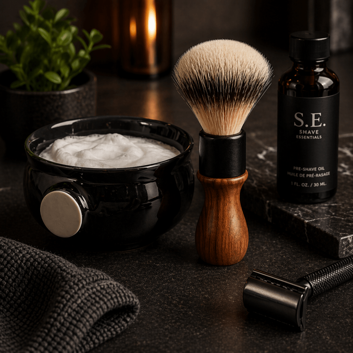 Shaving brush with black ferrule and wood handle, soft light-brown bristles