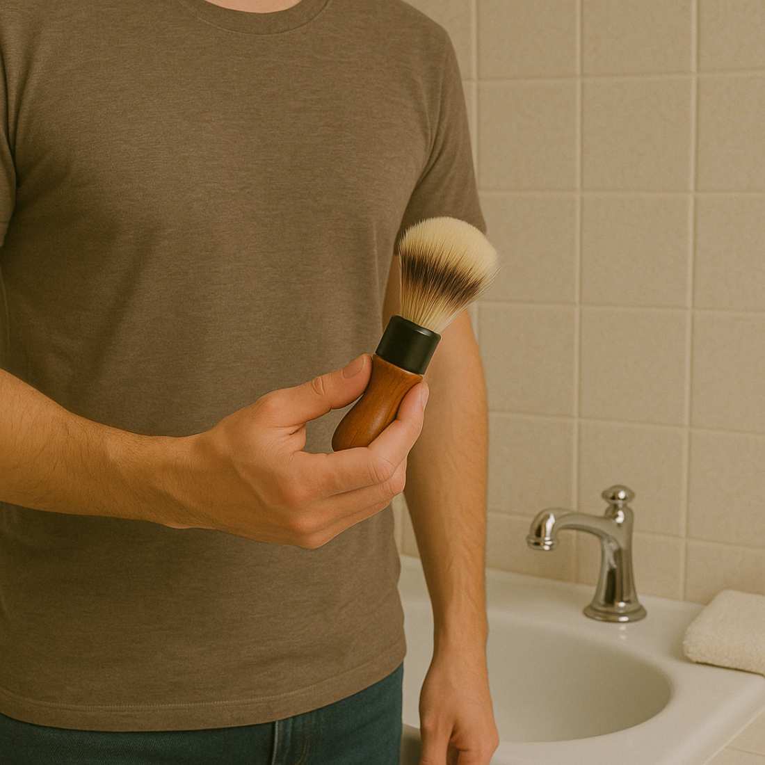 Shaving brush with black cap and wood handle, soft bristles held in hand