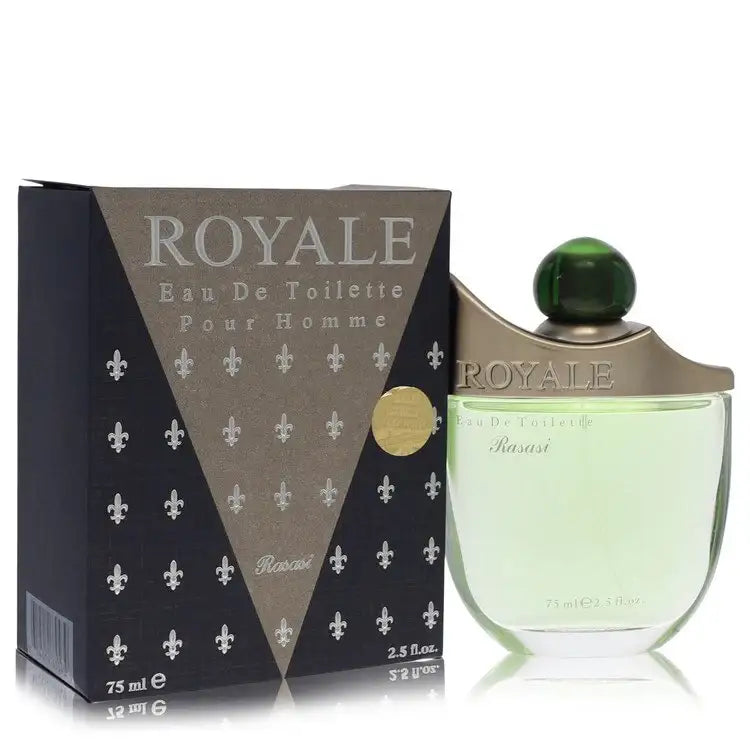 Men's eau de toilette bottle beside dark patterned carton with gold seal