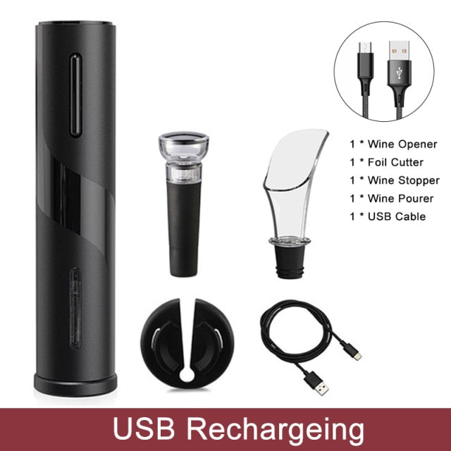 Rechargeable wine bottle opener set, black with foil cutter, stopper, and USB cable