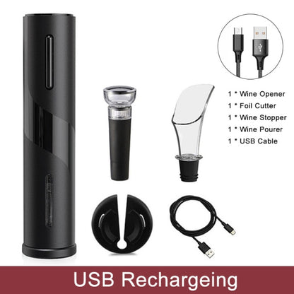 Rechargeable wine bottle opener set, black with foil cutter, stopper, and USB cable