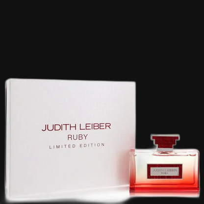 Judith Leiber Ruby perfume bottle with red glass and white box, limited edition label