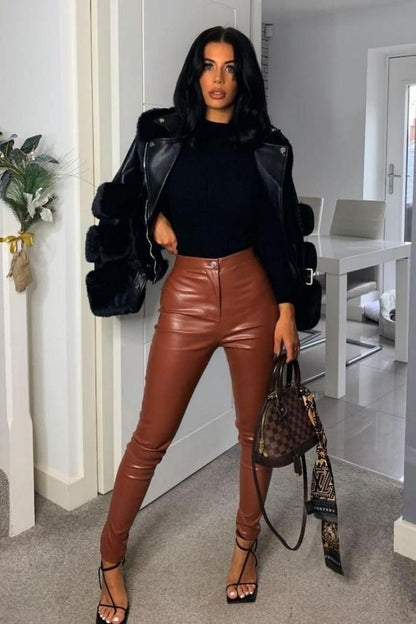 Rust Faux Leather Skinny Trousers - Renee Lane Company