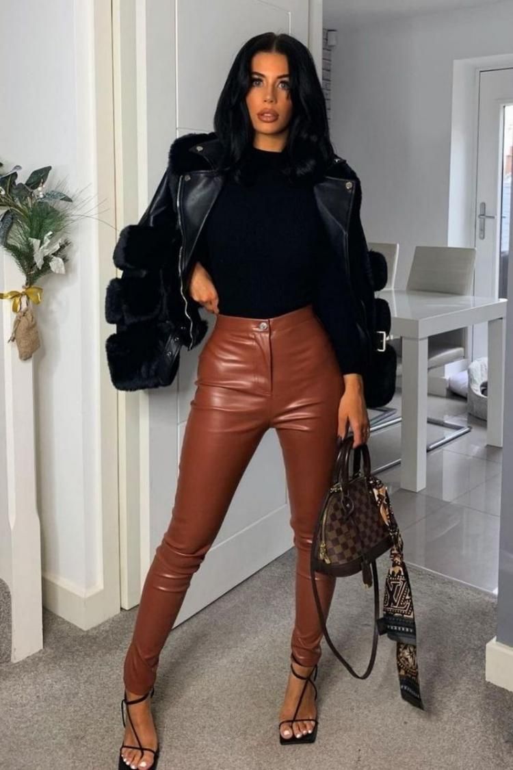 Rust Faux Leather Skinny Trousers - Renee Lane Company