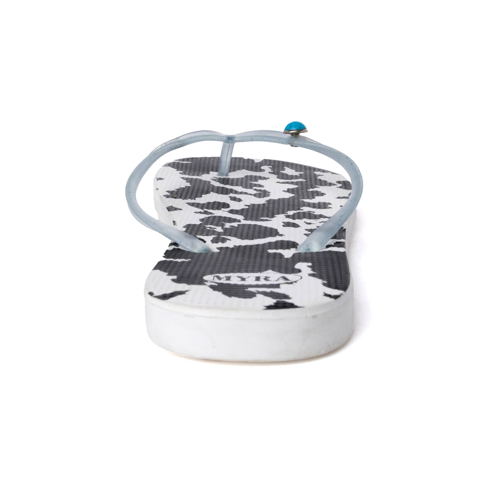Cowhide slippers with cow print strap and light blue thong, white sole