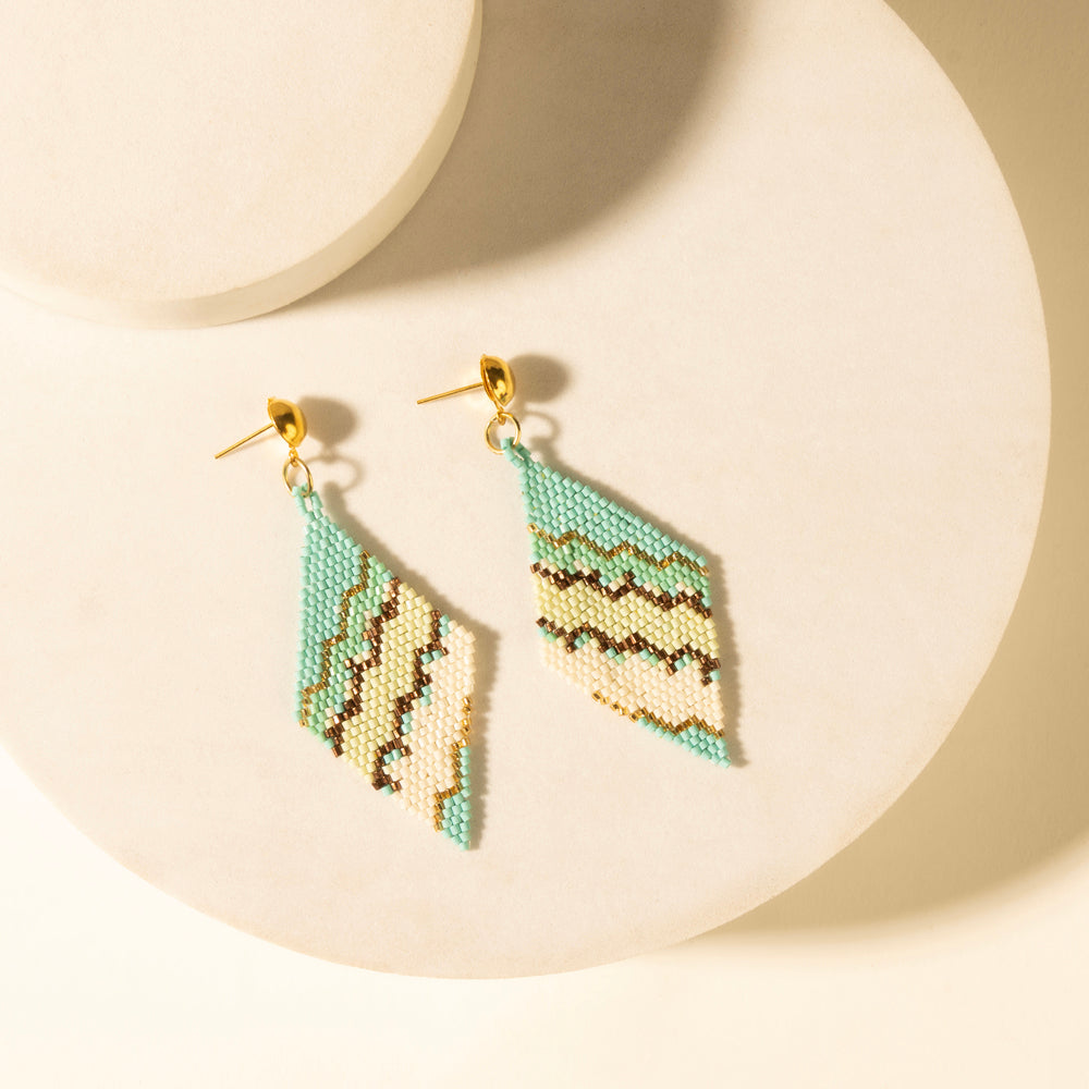 Turquoise chevron beaded drop earrings with gold hooks, dangling pair