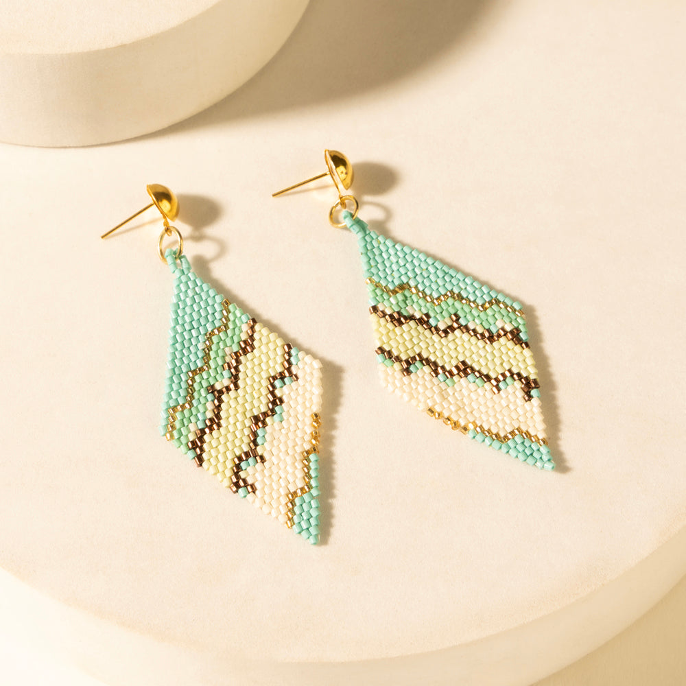 Turquoise chevron beaded drop earrings, gold hook tops and zigzag pattern