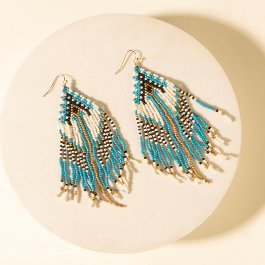 Chevron bead drop earrings with turquoise, dark and gold fringe on gold hooks