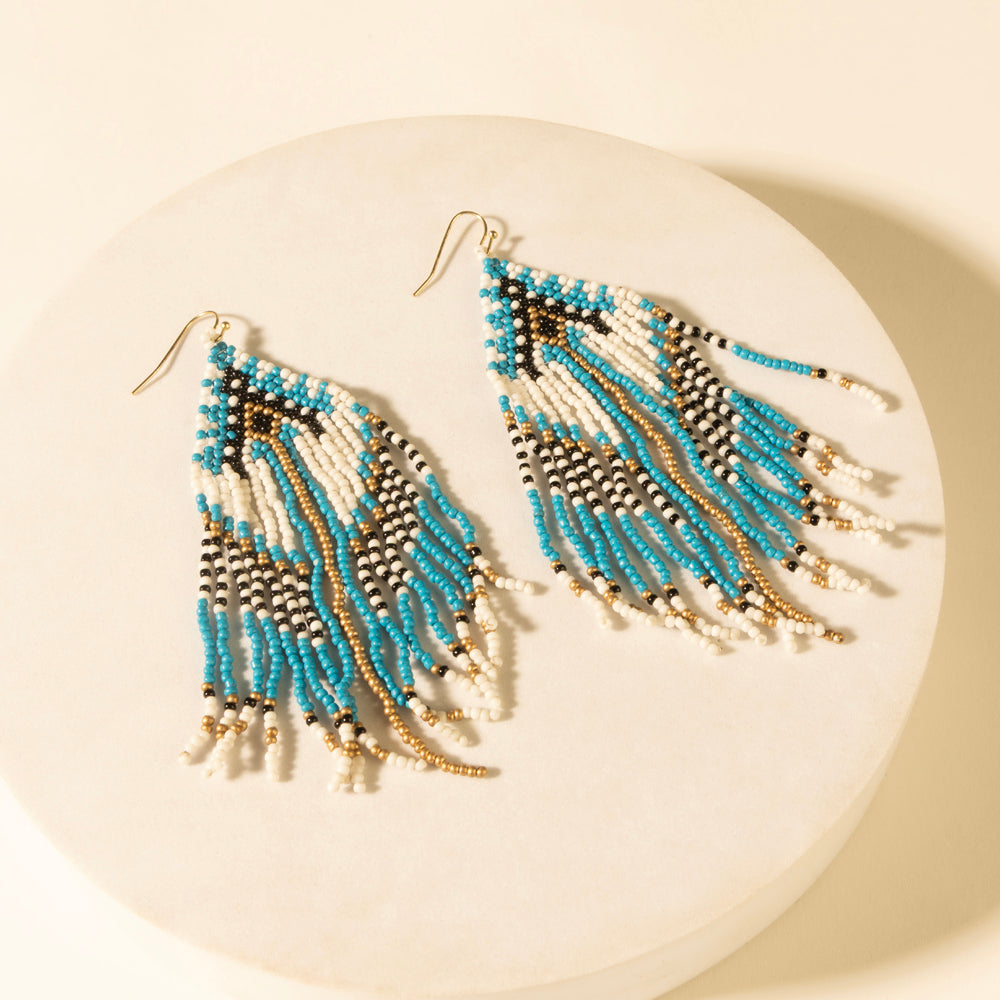 Chevron beaded drop earrings, turquoise and dark beadwork with gold hook fringe