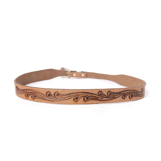 Tan leather hat belt with engraved vine scrollwork and metal buckle
