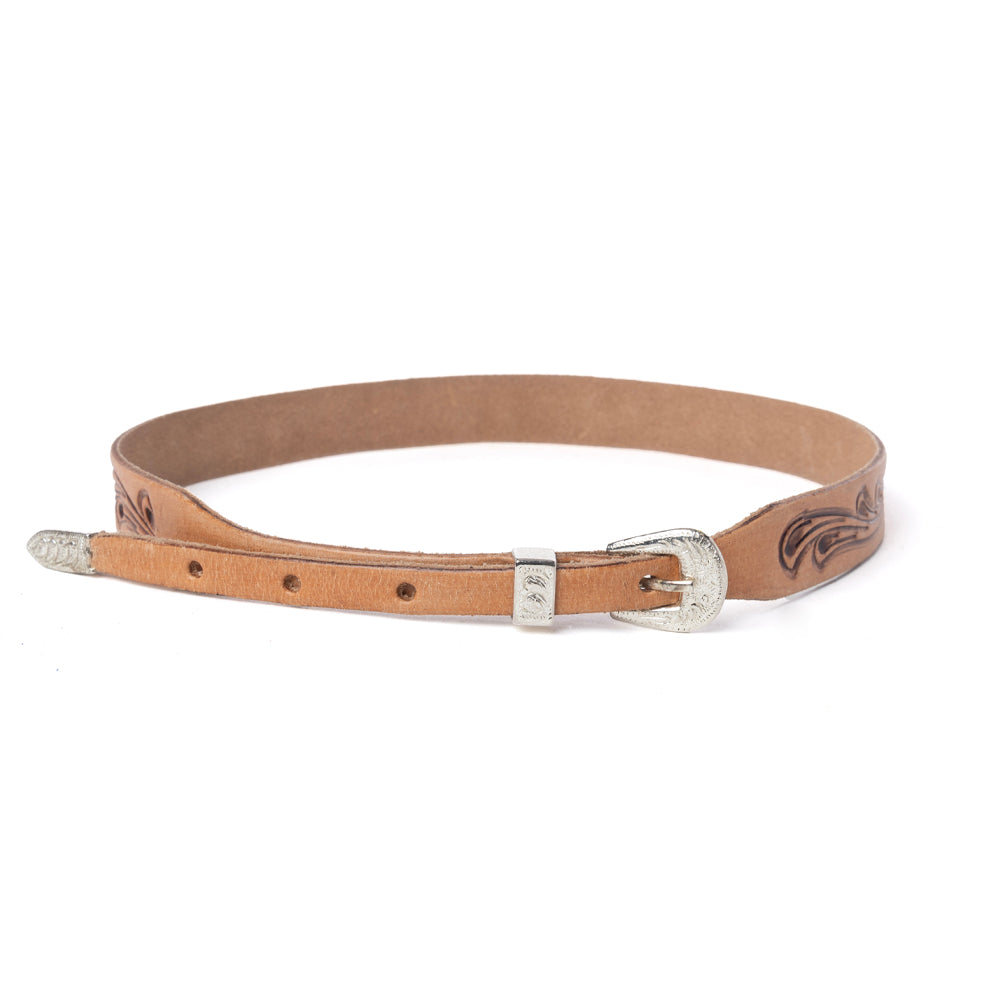 Tan leather hat belt with engraved side panel, silver buckle, and punched strap holes