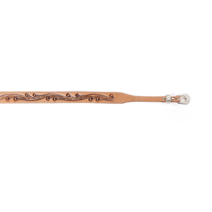 Tan leather hat belt end with engraved vine pattern and silver buckle