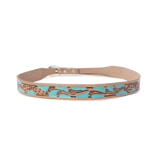 Western leather hat belt with turquoise decorative trim and tan strap