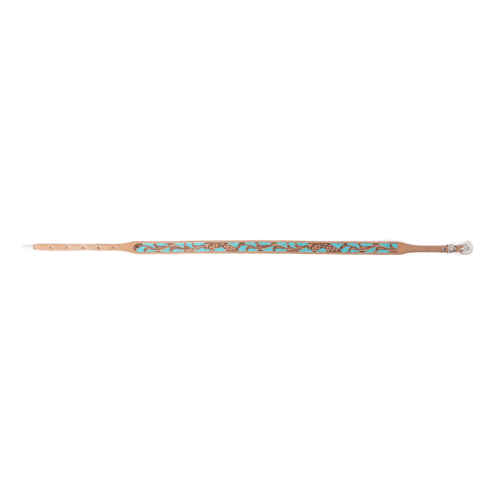 Western leather hat belt with long tan strap and turquoise patterned edge