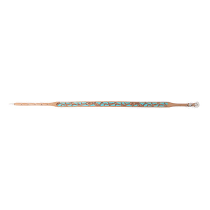 Western leather hat belt with long tan strap and turquoise patterned edge